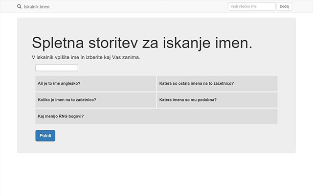 Predogled spletne strani iskalnika imen